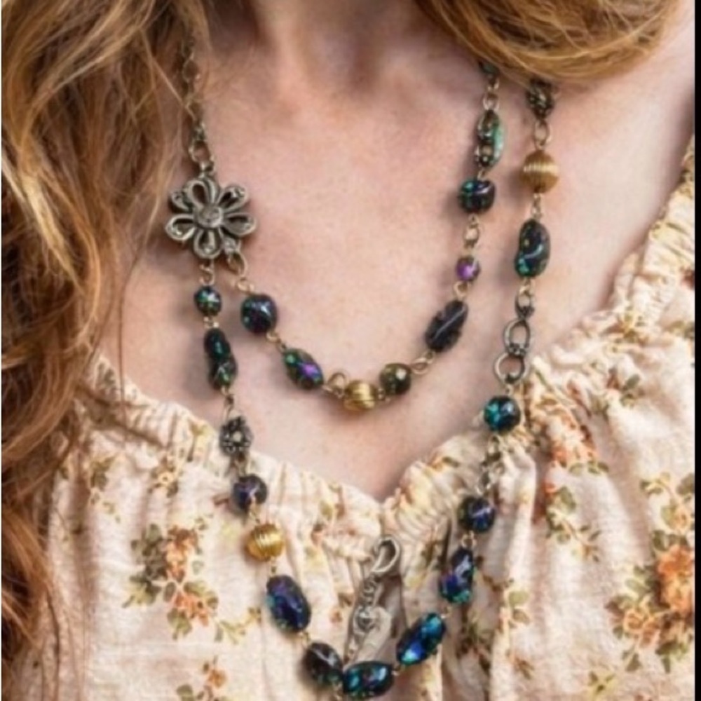 Vintage Art Glass Necklace Iridescent Beads Floral Clasp Statement